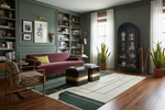 Living room with a purple sofa, green rug, bookshelves, and decorative items.