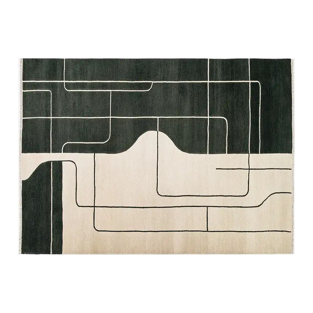 Top view of a Midnight Curve Canvas Knotted Wool Rug, showcasing an abstract, contemporary design with bold black lines on a contrasting cream background. Ideal as an area rug for adding modern elegance to large living rooms.