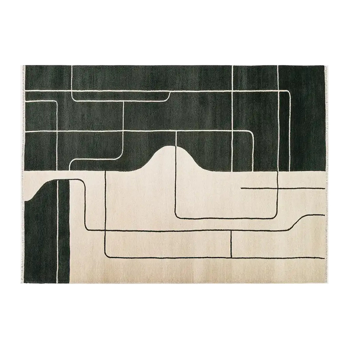 Top view of a Midnight Curve Canvas Knotted Wool Rug, showcasing an abstract, contemporary design with bold black lines on a contrasting cream background. Ideal as an area rug for adding modern elegance to large living rooms.
