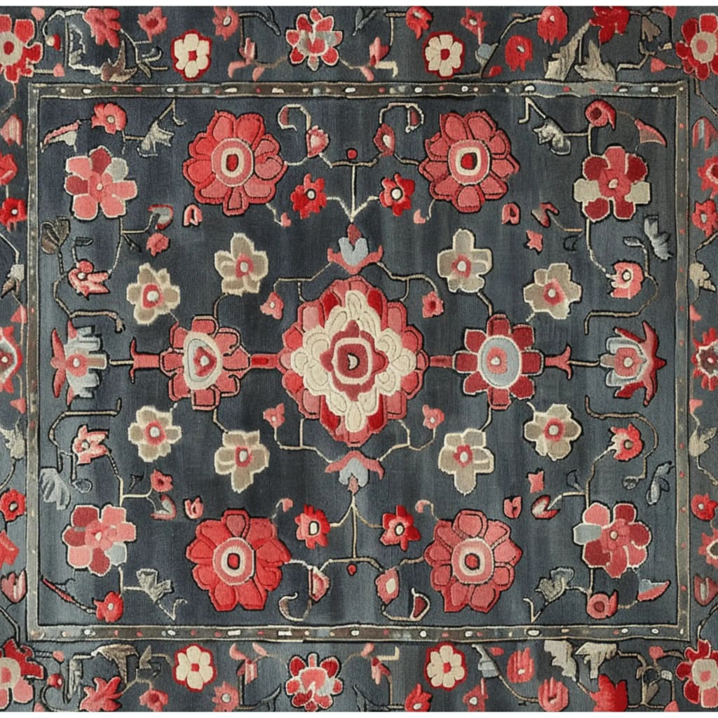 Elegant Midnight Floral Trellis Hand Tufted Area Rug featuring a vibrant red and pink floral pattern on a dark background. Perfect for adding a touch of sophistication to any dining room or living room. This square wool rug combines the timeless appeal of Persian rugs with a modern twist, ideal for dining room carpets or living room and dining room rugs.