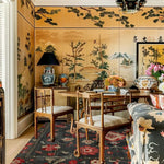 Elegant dining room featuring a Midnight Floral Trellis Hand Tufted area rug. This wool square rug beautifully complements the room's classic decor, highlighting Persian rug patterns with vibrant floral designs. Ideal for both living room and dining room settings, this exquisite dining room carpet adds a touch of sophistication to any space.