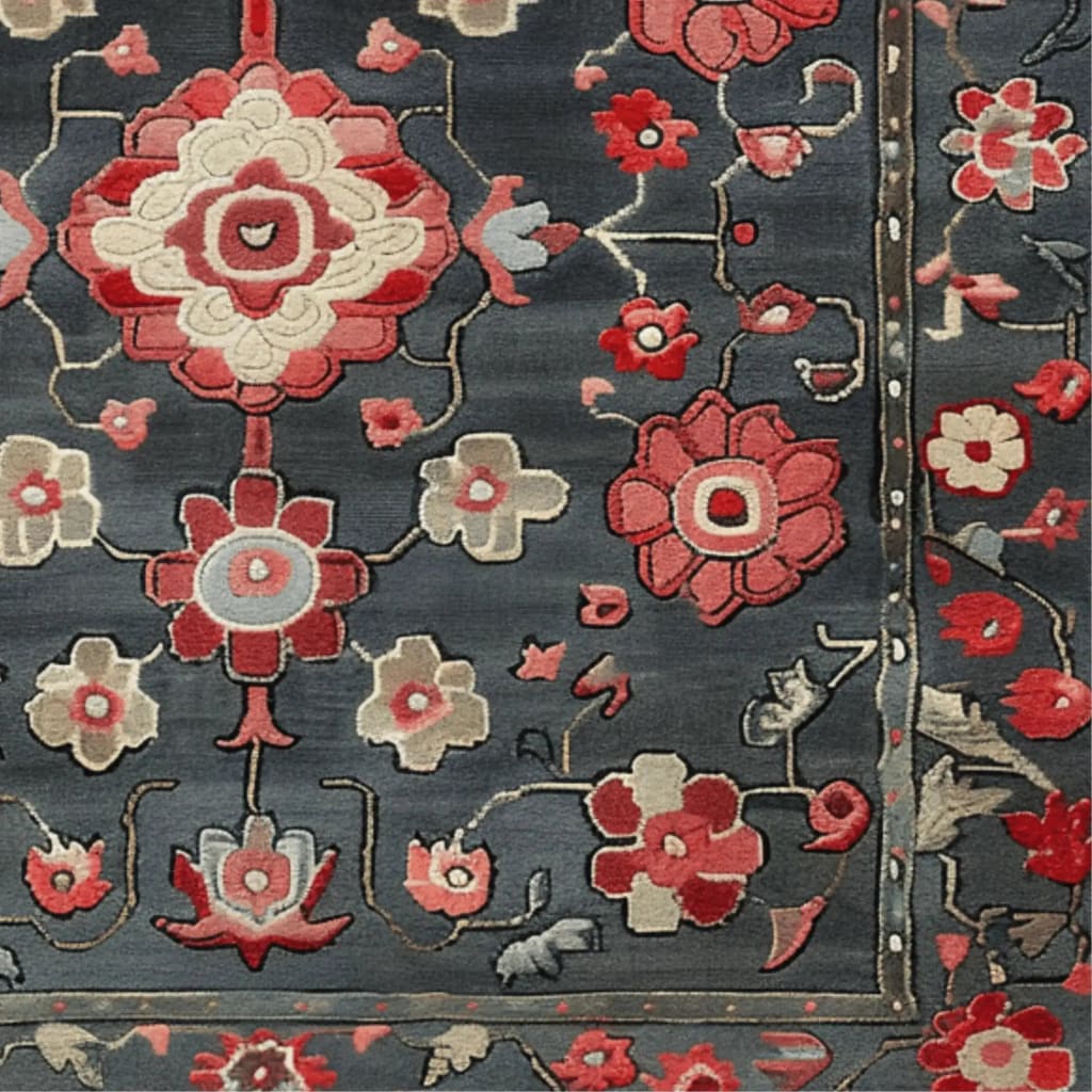 A detailed view of the Midnight Floral Trellis Hand Tufted Rug, showcasing its intricate floral design in shades of red and cream on a dark background. This square area rug is perfect for adding elegance to your dining room or living room. Crafted from high-quality wool, it offers a touch of Persian rug style, ideal for those seeking exquisite dining room carpets or living room and dining room rugs.