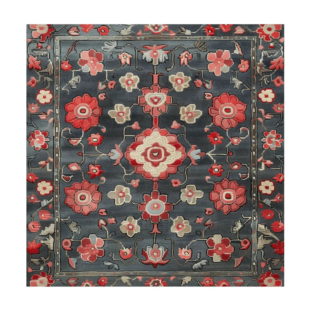 A stunning area rug featuring a midnight floral trellis design, hand-tufted with intricate patterns in shades of red and pink against a deep blue background. This square rug is perfect for adding a touch of elegance to any dining room or living room setting, and its woolen texture offers a luxurious feel. Ideal for those seeking dining room carpets or living room and dining room rugs with a Persian influence.