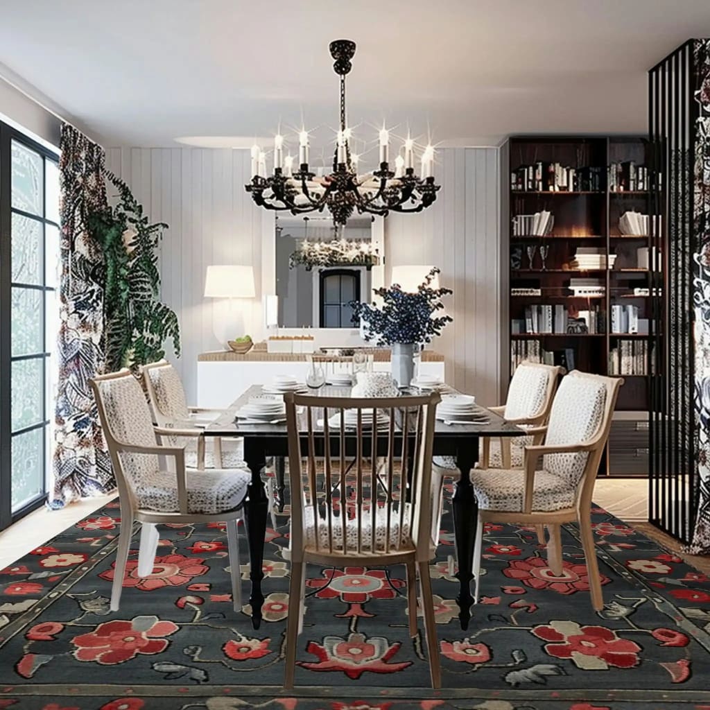 Elegant dining room with a Midnight Floral Trellis Hand Tufted Rug showcased prominently. This wool area rug features intricate Persian-inspired designs in rich colors, enhancing the square layout of the living and dining room. The room is beautifully decorated with a classic chandelier and stylish furniture, creating a warm and inviting atmosphere.