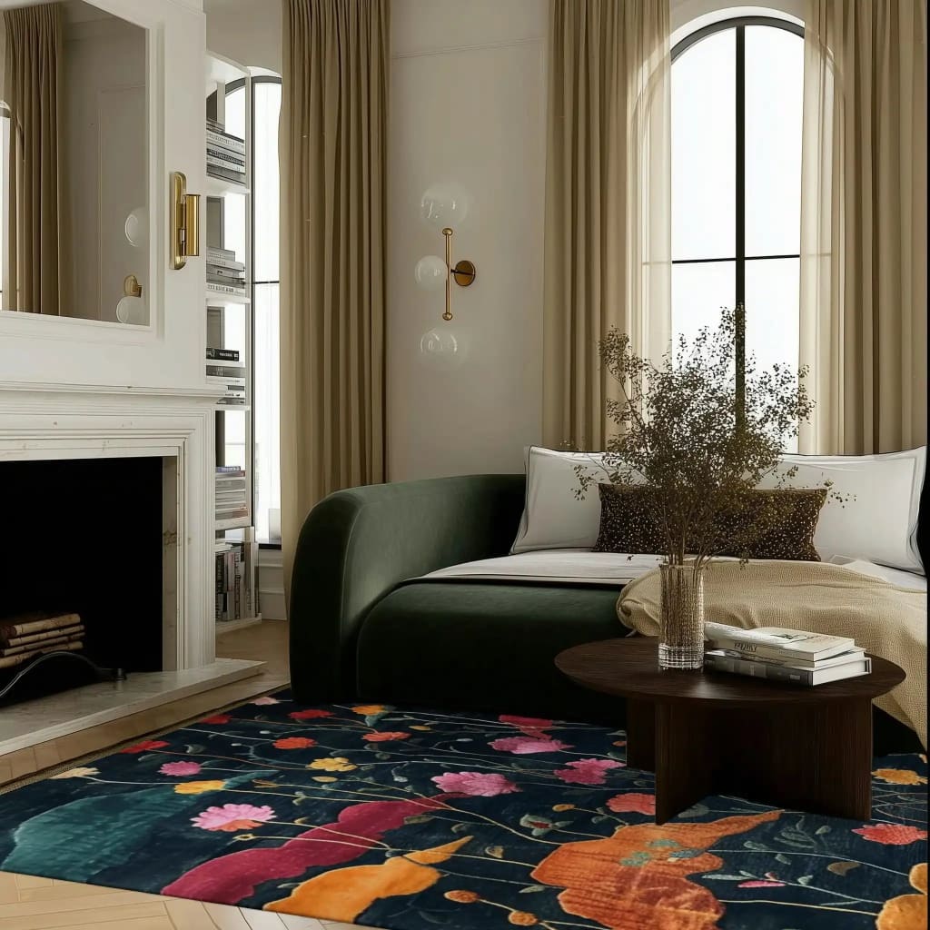 A beautifully styled living room featuring the Midnight Garden Hand Tufted Area Rug. This wool rug showcases a vibrant floral design, perfect for adding a contemporary touch to a vintage-inspired space. Ideal for large living rooms, the rug complements the elegant decor with its rich colors and intricate patterns.