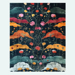 The Midnight Garden Hand Tufted Rug showcases a stunning floral pattern in vibrant shades of pink, orange, and green on a dark background. Ideal for large living rooms, this contemporary wool area rug combines vintage charm with modern elegance, making it a perfect addition to any living room.