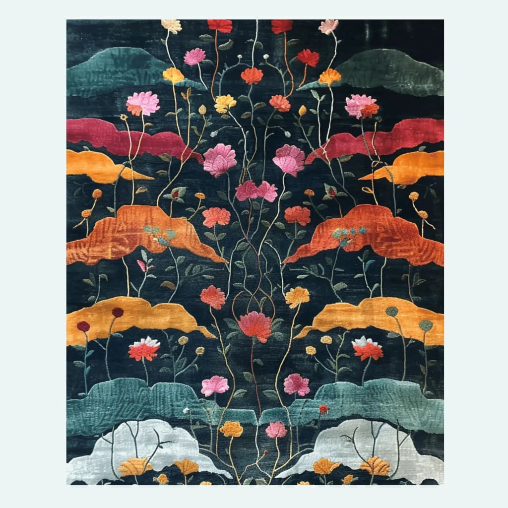 The Midnight Garden Hand Tufted Rug showcases a stunning floral pattern in vibrant shades of pink, orange, and green on a dark background. Ideal for large living rooms, this contemporary wool area rug combines vintage charm with modern elegance, making it a perfect addition to any living room.