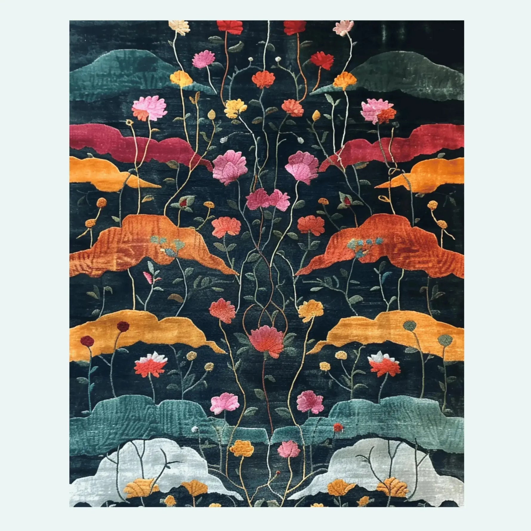 The Midnight Garden Hand Tufted Rug showcases a stunning floral pattern in vibrant shades of pink, orange, and green on a dark background. Ideal for large living rooms, this contemporary wool area rug combines vintage charm with modern elegance, making it a perfect addition to any living room.