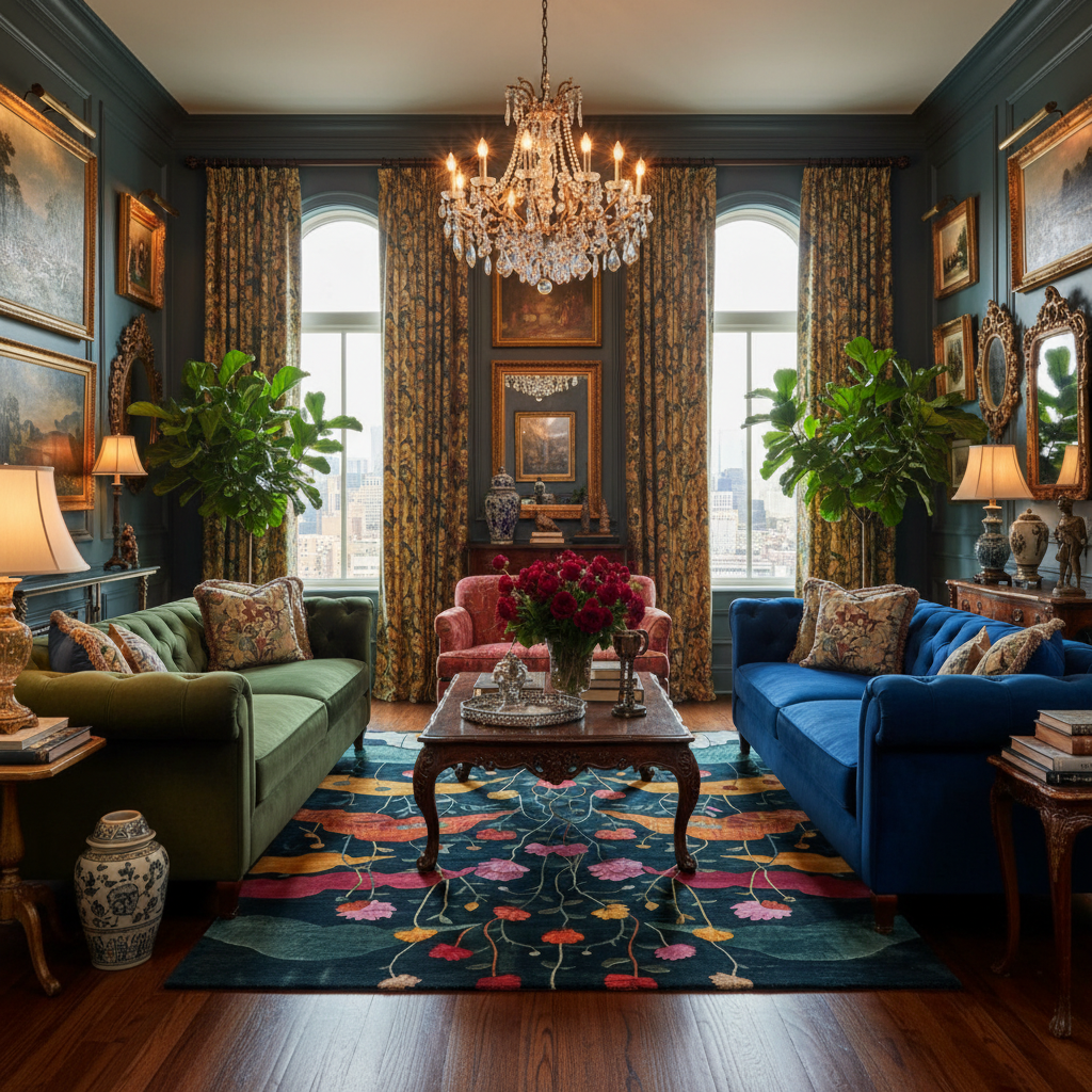 Midnight garden hand tufted rug, pink lotus blooms and vines on deep navy in an opulent velvet-sofa lounge