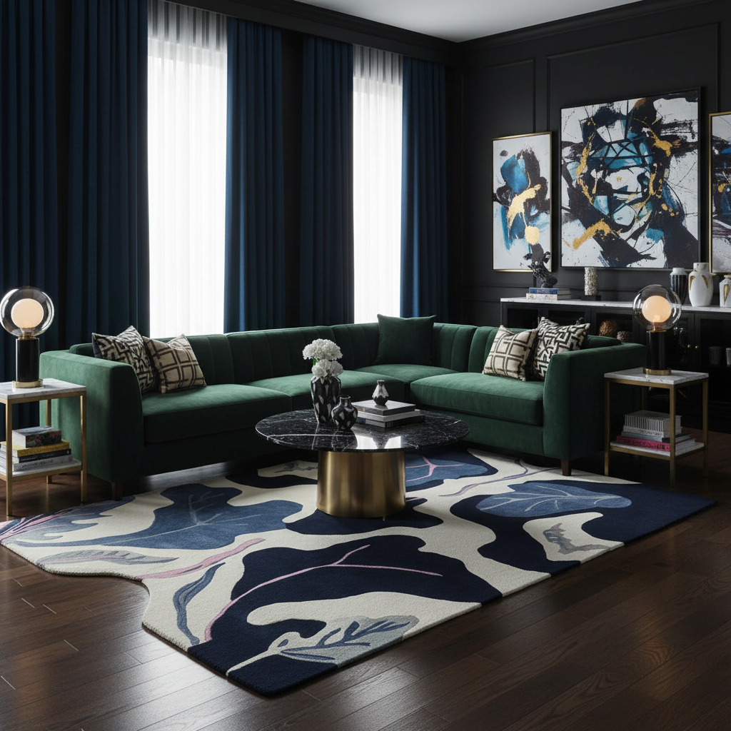 Modern living room with a green sectional sofa, a contemporary wool rug, abstract art, and decorative items.