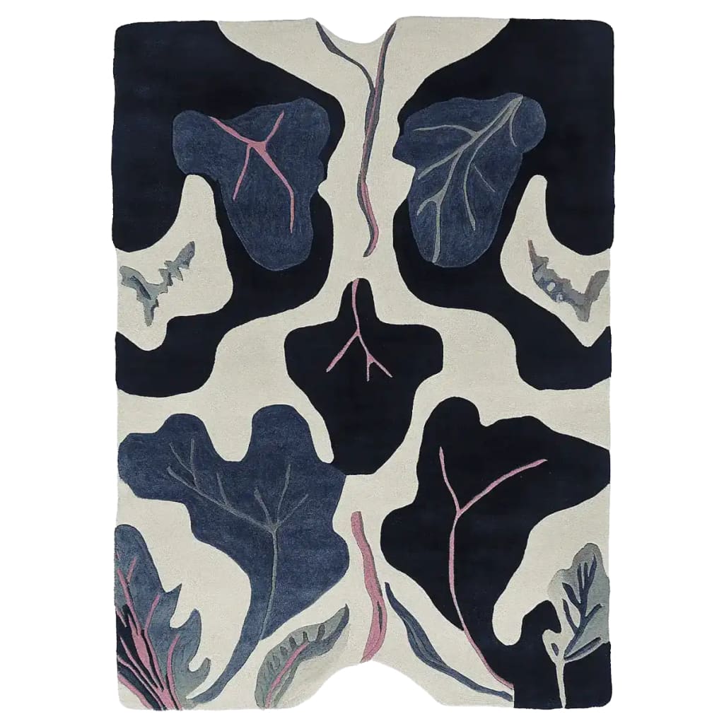 A contemporary hand-tufted area rug featuring a striking Midnight Leaf Veins design. The wool rug showcases abstract leaf patterns in dark and light shades, perfect for enhancing modern living rooms. Ideal as an 8x10 rug for living spaces.