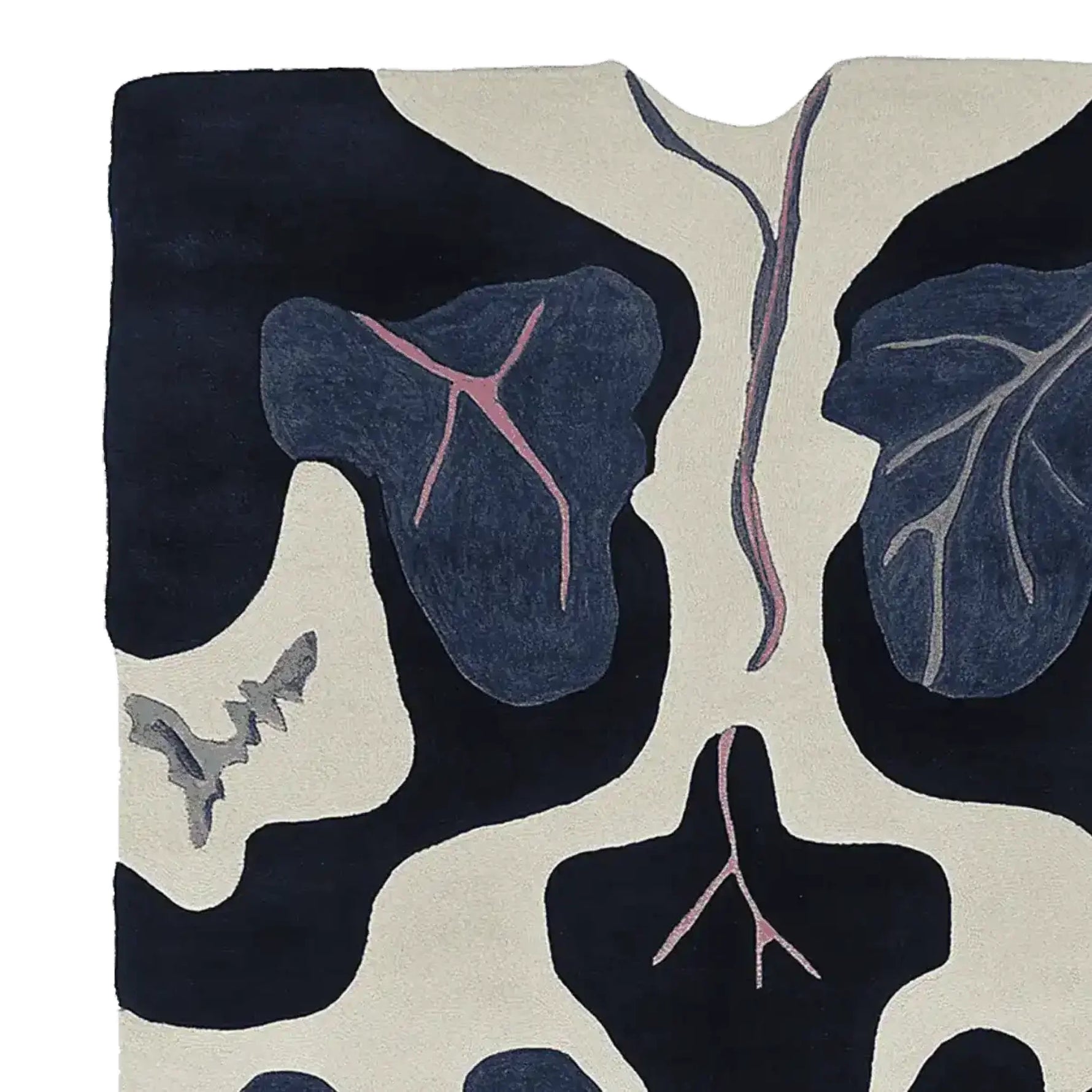 Close-up view of the Midnight Leaf Veins Hand Tufted Area Rug, showcasing its contemporary abstract design with intricate leaf vein patterns in dark blue and cream tones. Perfect wool rug for adding a stylish touch to living rooms, available in 8x10 size.