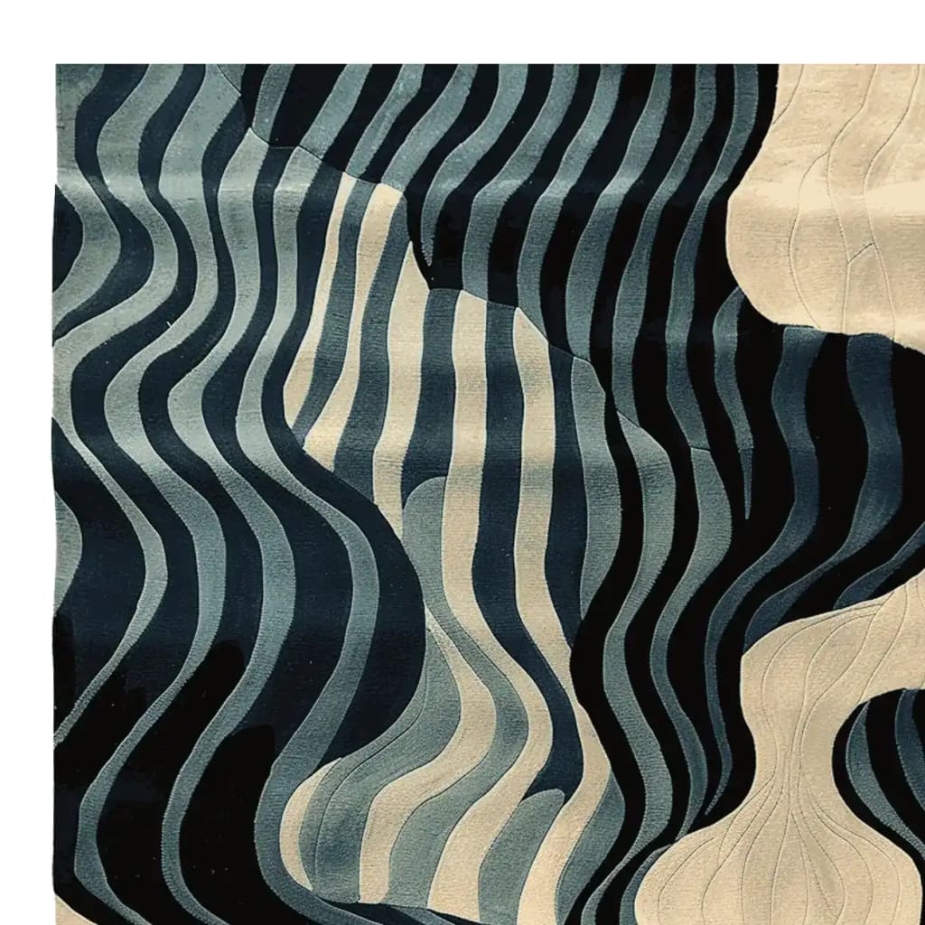 Top view of the Midnight Mirage Dream Hand Tufted Area Rug featuring an abstract wave pattern in shades of blue and cream. This contemporary wool rug is perfect for adding a stylish touch to living room spaces, available in an 8x10 size.