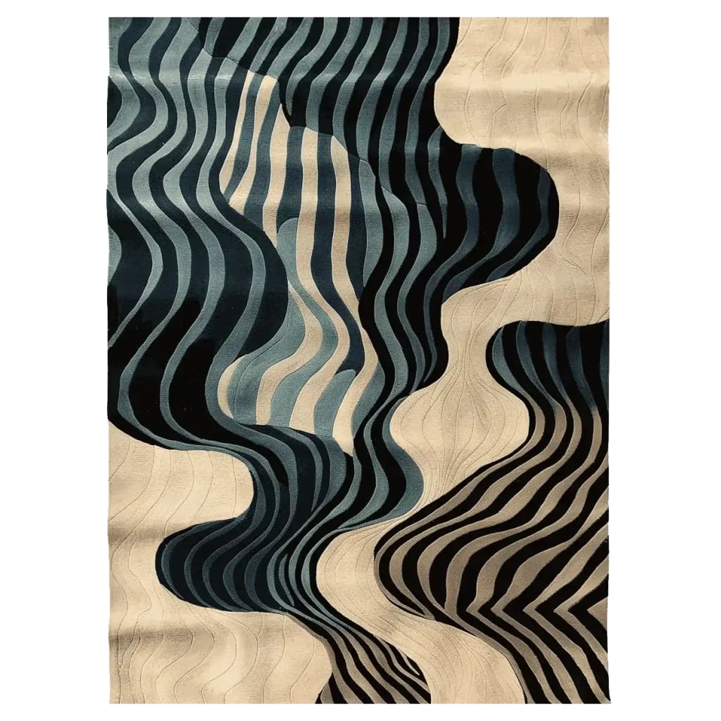 Top view of the Midnight Mirage Dream hand-tufted area rug, showcasing a contemporary design with wavy black and beige patterns. This wool rug is perfect for adding a modern touch to living rooms, especially in an 8x10 size.