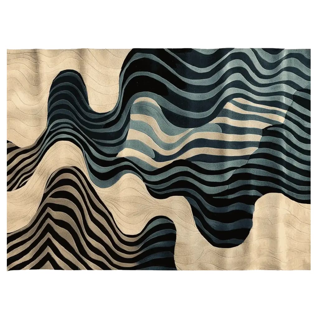 A stunning hand-tufted area rug featuring an abstract wave pattern in rich navy and cream tones, perfect for a contemporary living room. This wool rug, sized 8x10, adds a bold and artistic touch to any space, making it an ideal choice for those seeking unique rugs for their living room.