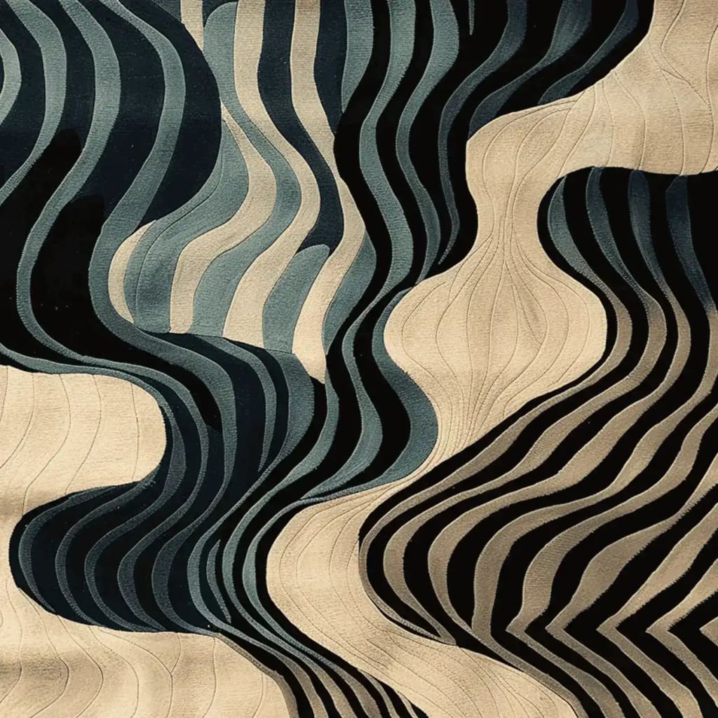 Top view of a Midnight Mirage Dream Hand Tufted Area Rug showcasing a dynamic wave-like pattern in shades of blue and beige. This contemporary wool rug is perfect for adding a touch of elegance to your living room. Ideal for spaces where an 8x10 rug is needed.
