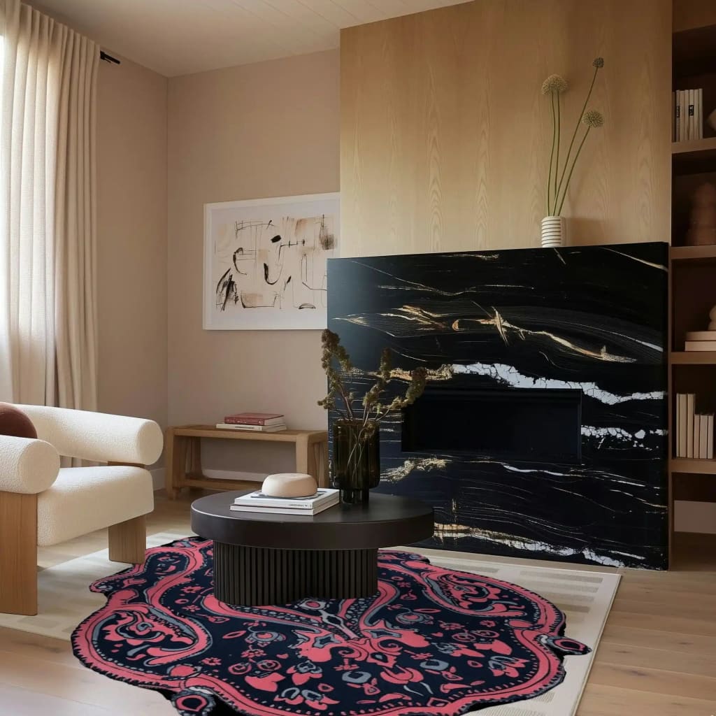 A stylish living room showcasing a Midnight Mirage Hand Tufted Area Rug. The wool rug features an intricate vintage design with rich, contrasting colors, perfectly accentuating the modern decor. Ideal as an area rug for living rooms, this 8x10 rug adds a touch of elegance and warmth.