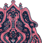 Top view of the Midnight Mirage Hand Tufted Area Rug, showcasing an intricate abstract design with bold navy and pink patterns. This wool rug is perfect for an 8x10 living room setup, adding a touch of vintage charm to your space.