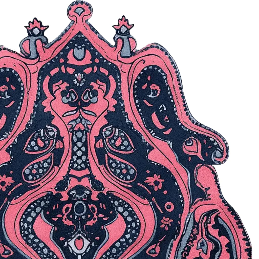 Top view of the Midnight Mirage Hand Tufted Area Rug, showcasing an intricate abstract design with bold navy and pink patterns. This wool rug is perfect for an 8x10 living room setup, adding a touch of vintage charm to your space.