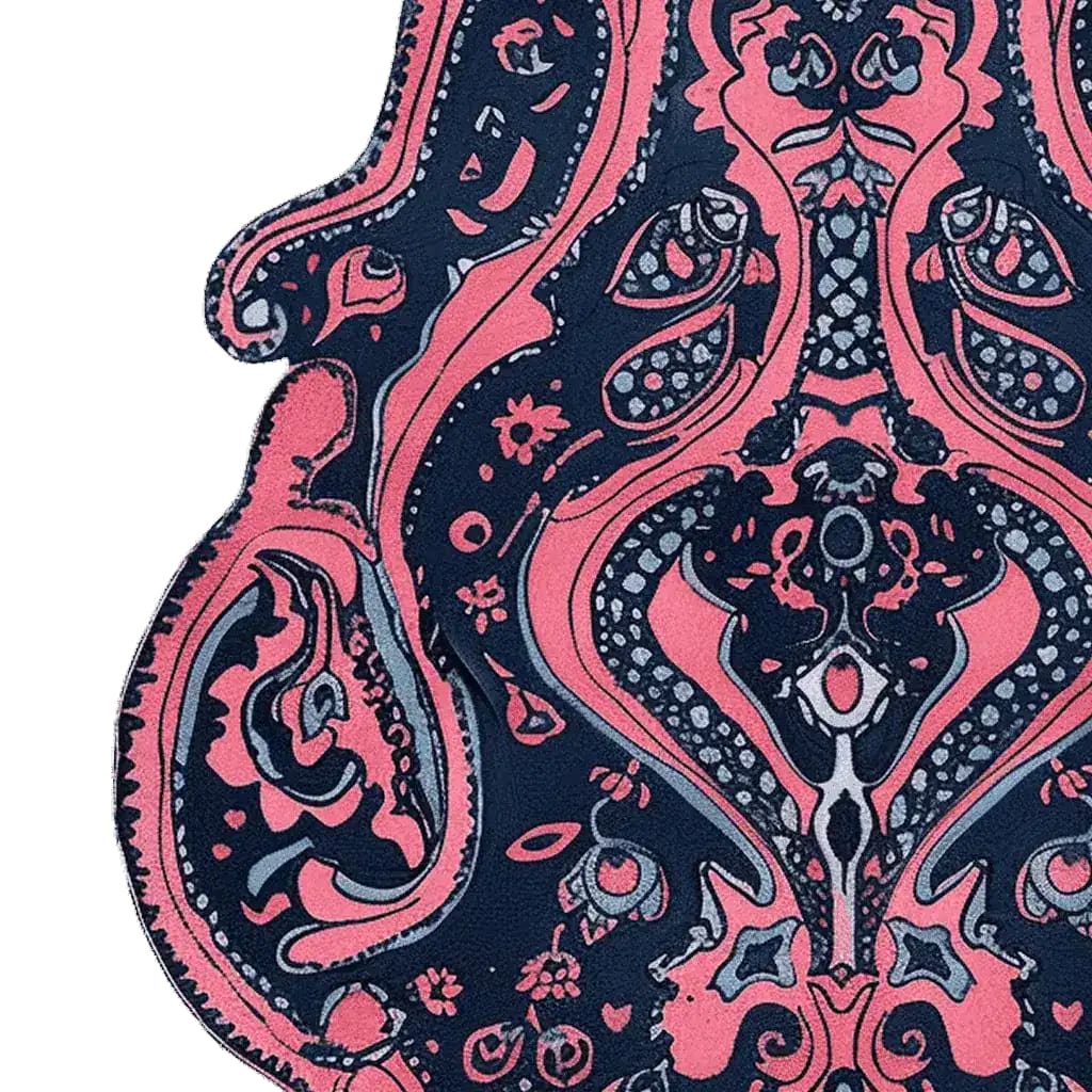 Vibrant abstract design on a Midnight Mirage hand tufted area rug, showcasing intricate patterns in pink and navy blue hues. This wool rug is perfect for adding a vintage touch to living room spaces, ideal as an 8x10 area rug.