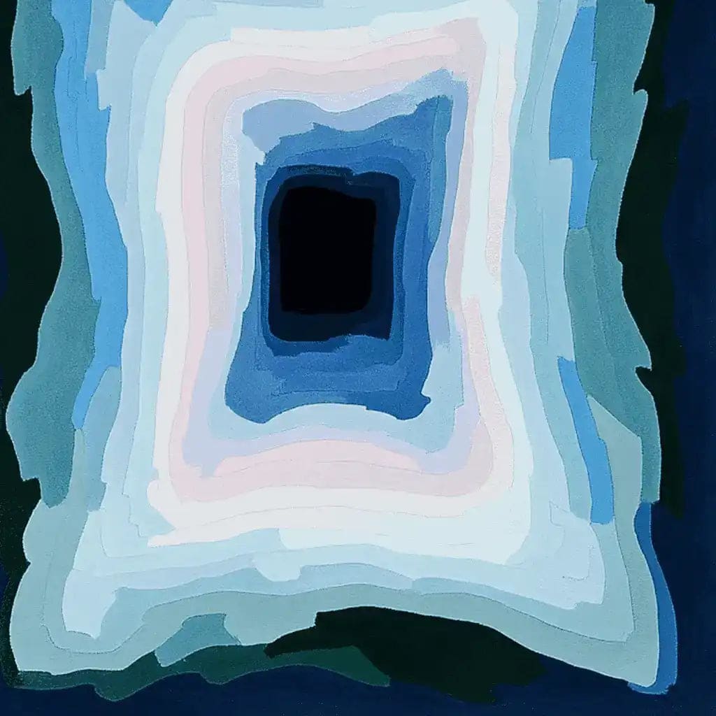 Top view of the Midnight Mirage Layers Hand Tufted Area Rug, featuring a captivating abstract design with layered shades of blue and soft pink. This contemporary wool rug is perfect for adding a stylish touch to large living rooms, especially in an 8x10 setting.