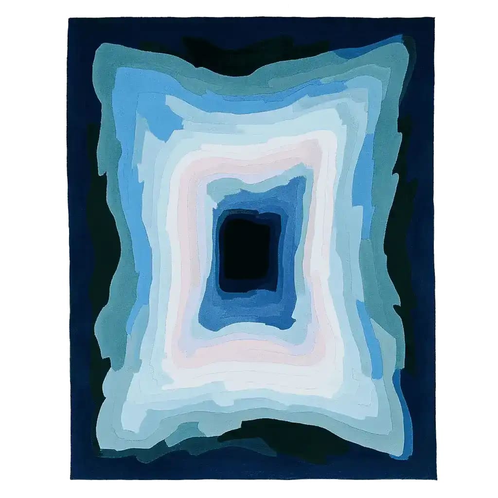 The Midnight Mirage Layers Hand Tufted Area Rug features a stunning abstract design with layered shades of blue, teal, and white, creating a captivating contemporary rug. This wool rug is perfect for adding a touch of elegance to your living room. Ideal as a large living room rug, measuring 8x10, it combines style and comfort effortlessly.