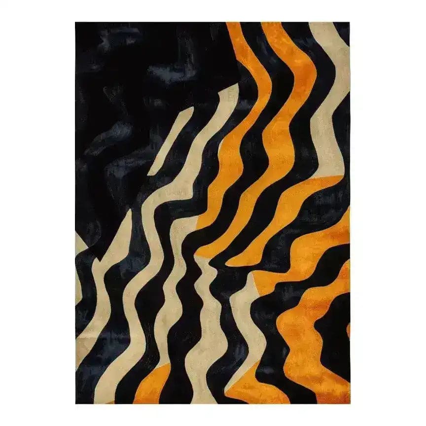 Midnight Mirage Tufted Wool Rug featuring a bold abstract pattern with wavy black, orange, and beige stripes. This large area rug is perfect for adding a contemporary touch to your living room, crafted from premium wool for a luxurious feel.