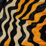 Experience the vibrant elegance of the Midnight Mirage Tufted Wool Rug, a contemporary area rug perfect for living rooms. This large wool rug features a bold abstract pattern with flowing black, orange, and cream waves, adding a touch of modern sophistication to any space.