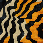 Experience the vibrant elegance of the Midnight Mirage Tufted Wool Rug, a contemporary area rug perfect for living rooms. This large wool rug features a bold abstract pattern with flowing black, orange, and cream waves, adding a touch of modern sophistication to any space.