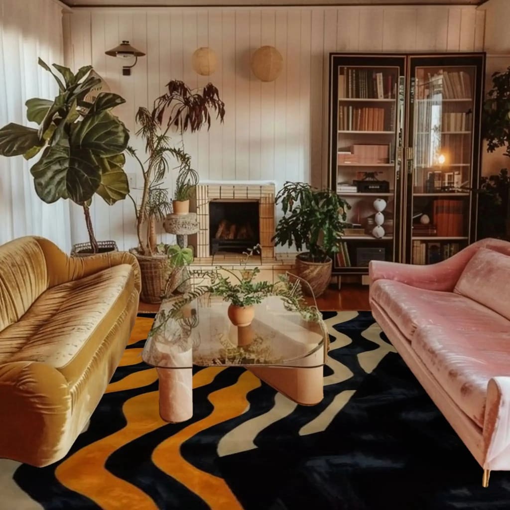 A stylish living room featuring a Midnight Mirage Tufted Wool Rug. This contemporary area rug showcases an abstract design in rich colors, perfectly complementing the plush velvet sofas and glass coffee table. Ideal for anyone seeking large area rugs for a modern living room.