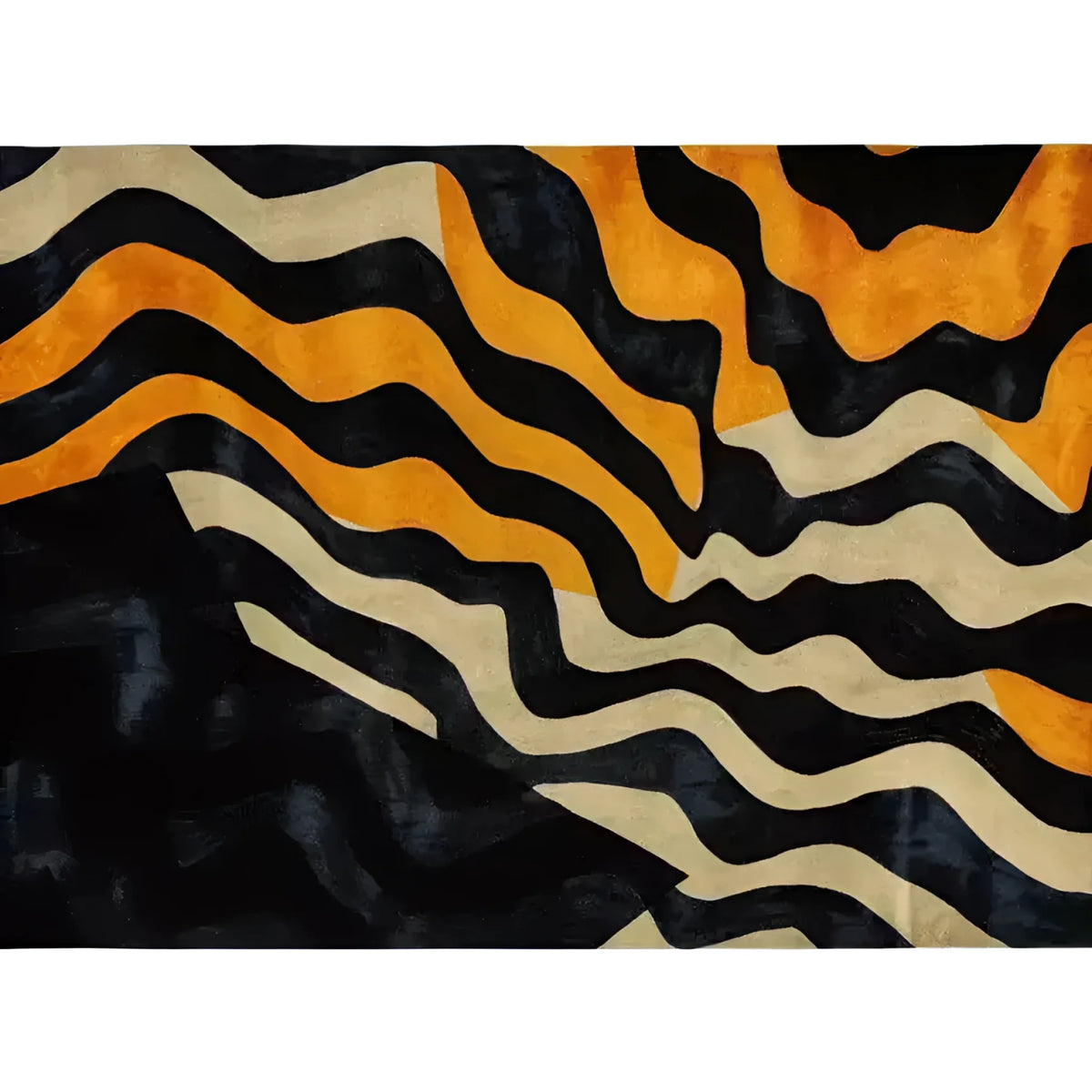 A striking Midnight Mirage Tufted Wool Rug featuring bold abstract waves in black, orange, and cream. This contemporary area rug is perfect for adding a modern touch to any living room with its vibrant design and large size, making it a standout wool rug choice for stylish interiors.