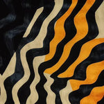 A contemporary wool area rug featuring bold, wavy patterns in black, beige, and vibrant orange, perfect for adding a stylish touch to any living room. This large area rug showcases an abstract design, ideal for modern interiors.