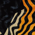 A contemporary wool area rug featuring an abstract design with flowing black, beige, and orange waves. This large area rug is perfect for adding a stylish touch to living rooms, showcasing a blend of modern aesthetics with its tufted texture.