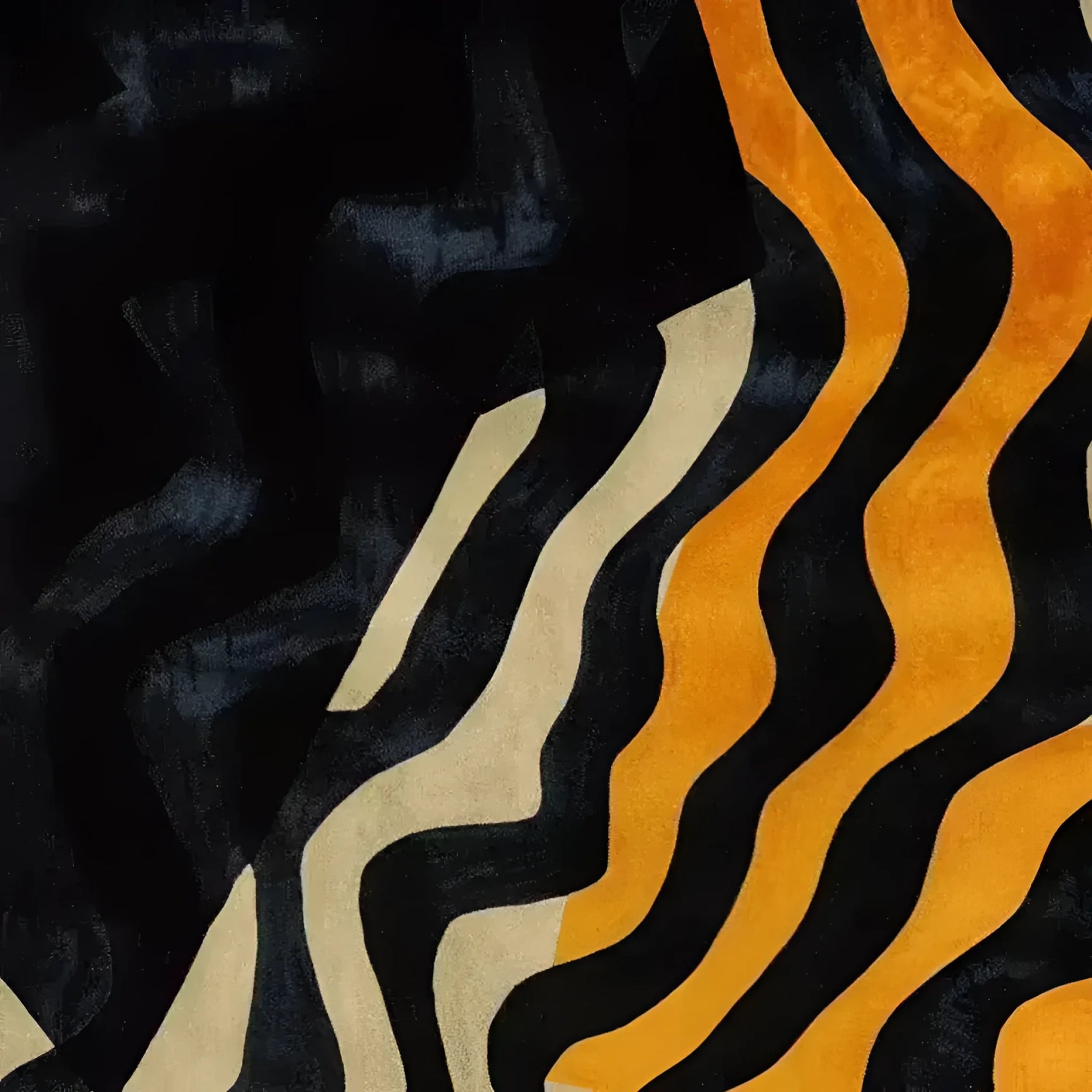 A contemporary wool area rug featuring an abstract design with flowing black, beige, and orange waves. This large area rug is perfect for adding a stylish touch to living rooms, showcasing a blend of modern aesthetics with its tufted texture.