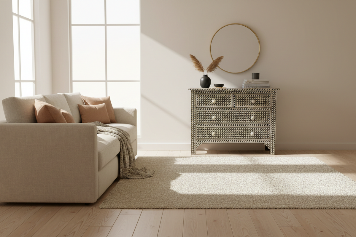Midnight monochrome bone inlay 4 drawers chest in a bright room with a cream sofa and round mirror.