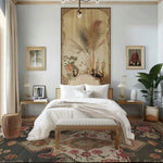 Decorative bedroom with floral persian rug, tapestry, bed, and side tables.