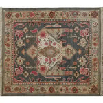 Top view of a Midnight Mosaic Hand Knotted Area Rug featuring an intricate Persian design with vintage charm. This 8x10 living room area rug showcases a rich palette of reds, blues, and beiges, perfect for adding elegance to any space.
