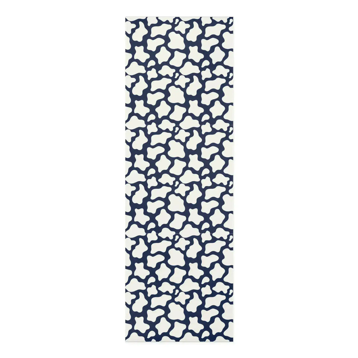Long yoga mat in navy and cream with an organic pebble-like mosaic pattern, full length