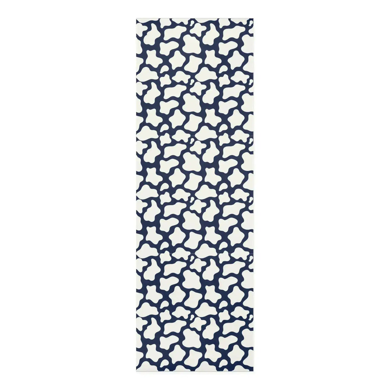 Long yoga mat in navy and cream with an organic pebble-like mosaic pattern, full length
