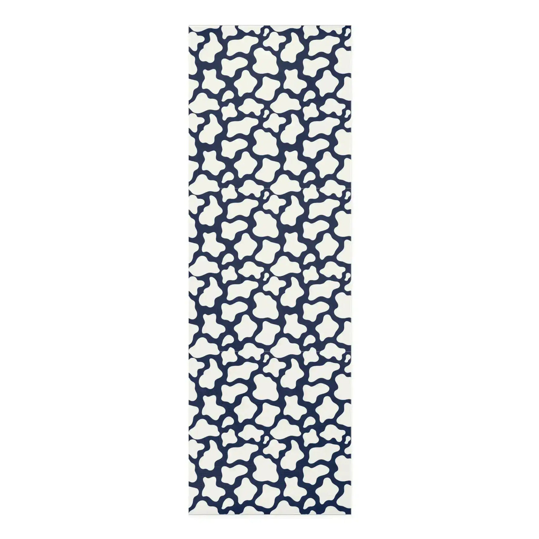 Long yoga mat in navy and cream with an organic pebble-like mosaic pattern, full length