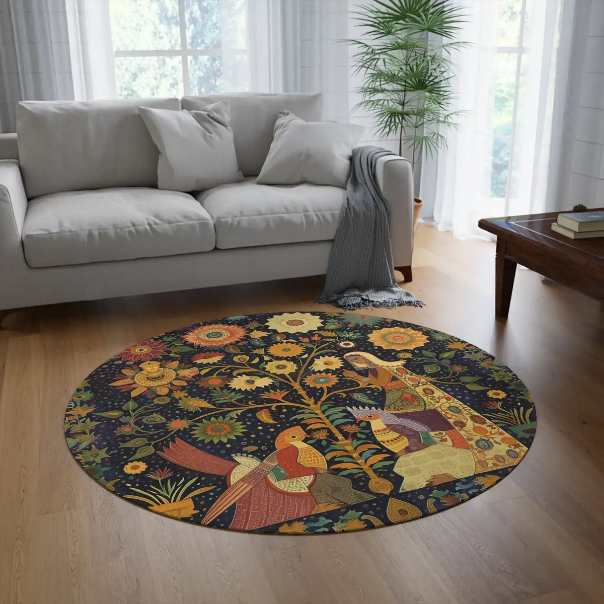 Midnight Muse Enchanted Garden Round Rug in bright living room with light sofa, palm plant, wooden coffee table, and light wood floor
