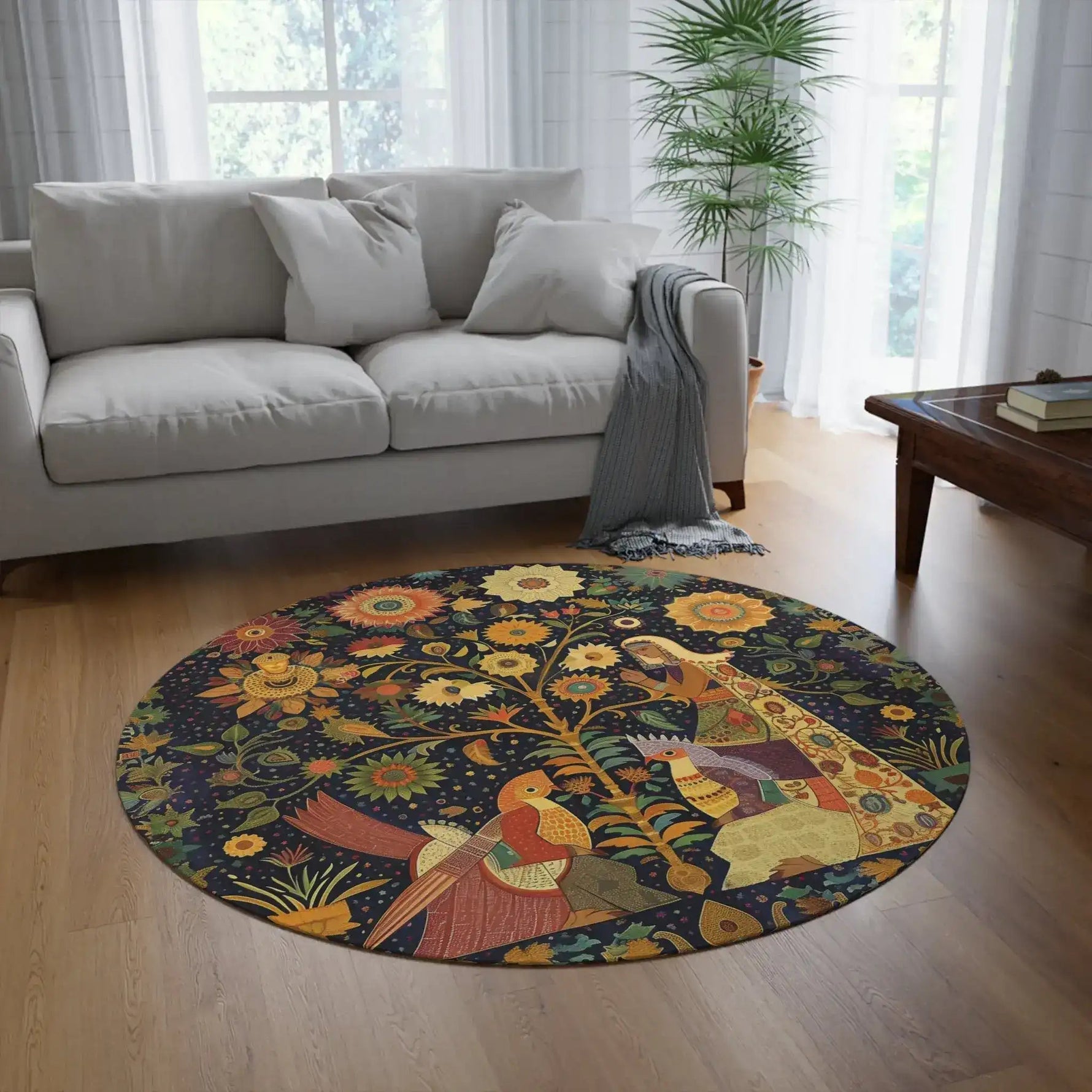 Midnight Muse Enchanted Garden Round Rug in bright living room with light sofa, palm plant, wooden coffee table, and light wood floor