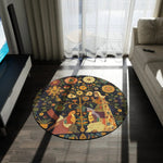 Midnight Muse Enchanted Garden Round Rug in modern living room with dark wood floor, TV stand, sofa, and natural light through window