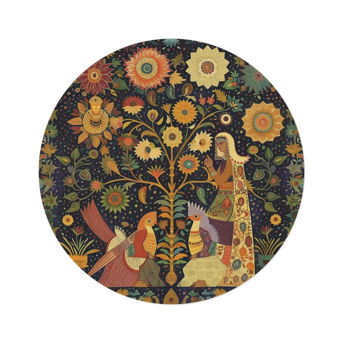 Midnight Muse Enchanted Garden Round Rug with dark navy background, central flowering tree, colorful birds, deer, folk art figures, and mandalas