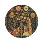 Midnight Muse Enchanted Garden Round Rug with dark navy background, central flowering tree, colorful birds, deer, folk art figures, and mandalas