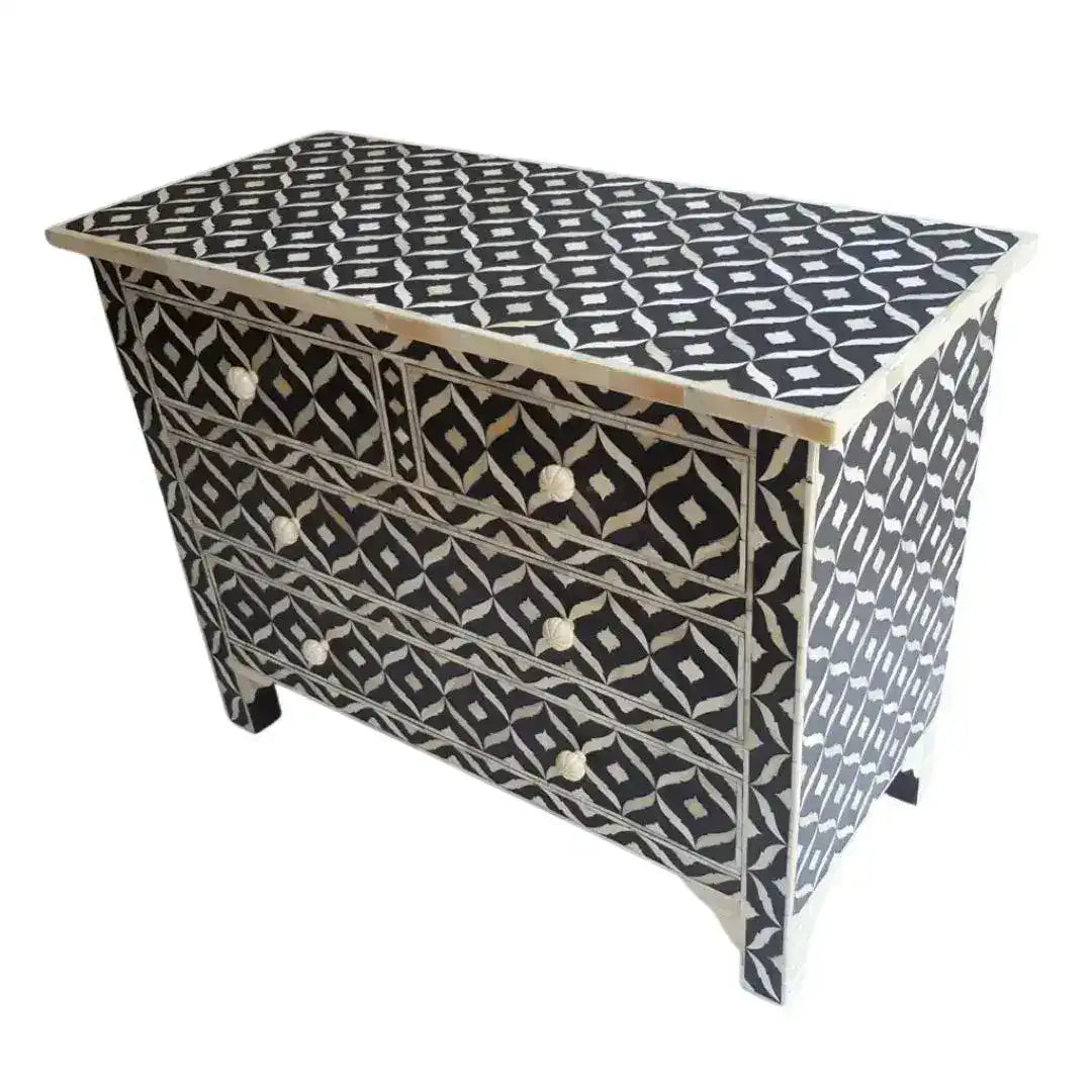 Midnight Opulence Bone Inlay 4 Drawers Chest in black with all-over cream geometric diamond eye inlay pattern and bone knobs.