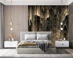 Midnight Opulence wallpaper as bedroom feature wall; grey upholstered bed, houndstooth pillows, white nightstands, ring pendants