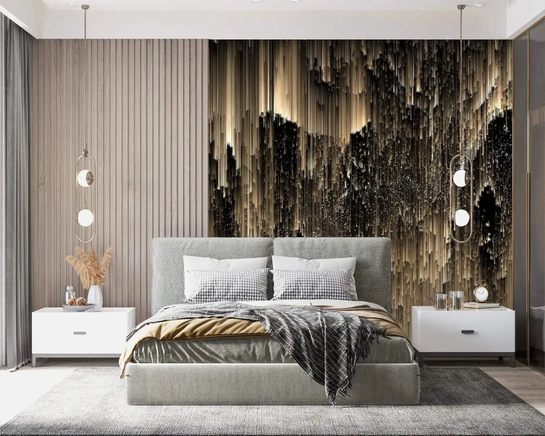 Midnight Opulence wallpaper as bedroom feature wall; grey upholstered bed, houndstooth pillows, white nightstands, ring pendants