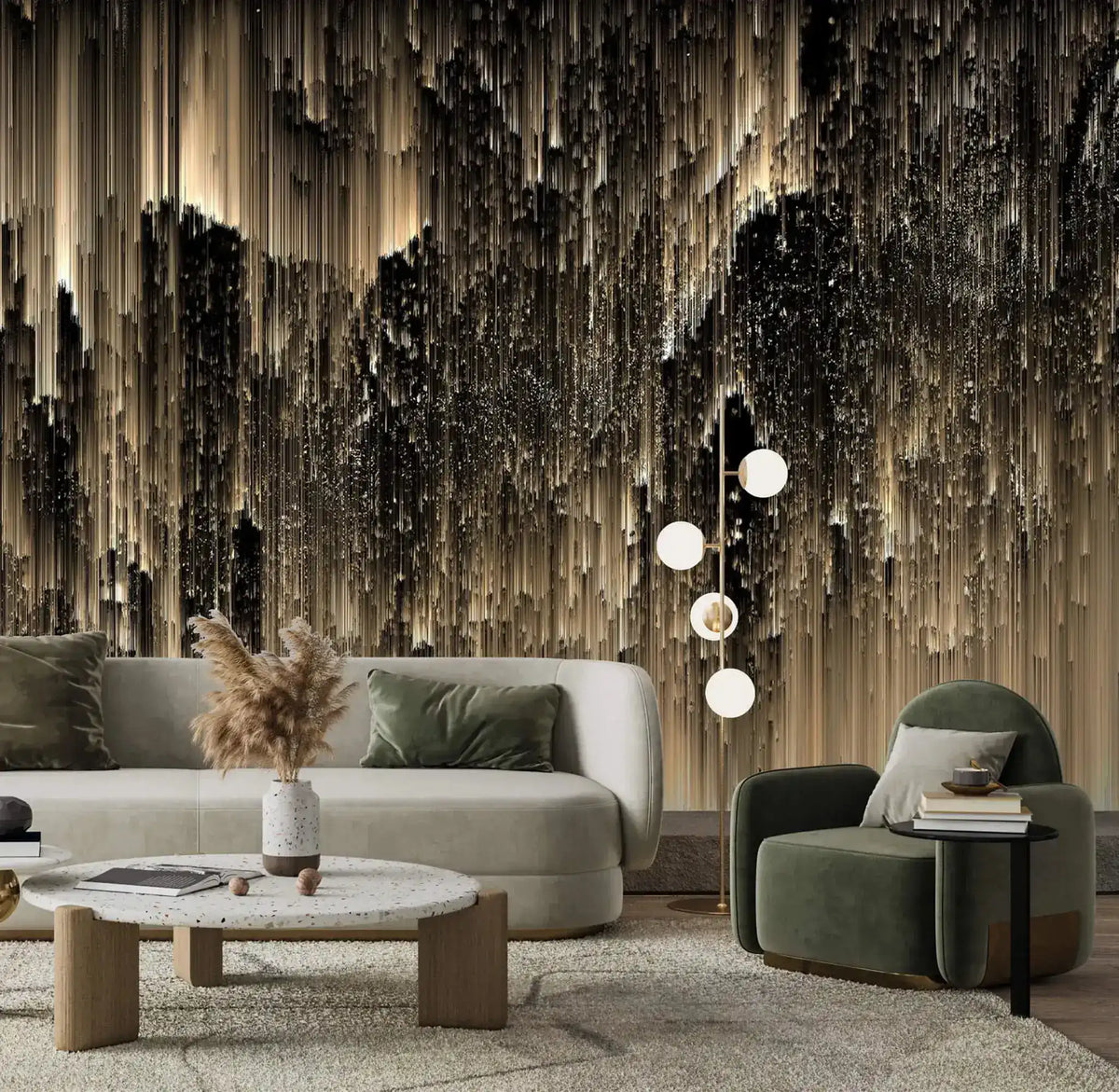 Midnight Opulence night wallpaper behind beige sofa and emerald velvet chair; cascading gold-black streaks, globe pendants