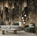 Midnight Opulence night wallpaper behind beige sofa and emerald velvet chair; cascading gold-black streaks, globe pendants